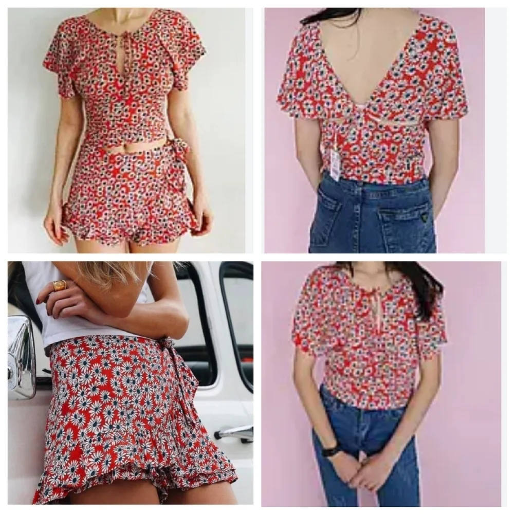 Zara 2-peice Set Skort (M) Top (L) Red‎ White Blue Floral Rayon